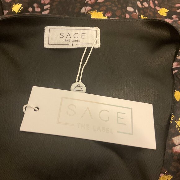 Sage The Label Mini Dress S Black Gold Purple Print Crossover Neck - Picture 10 of 10